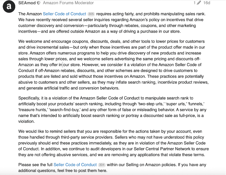 Amazon’s latest forum post related to off-Amazon rebates, coupons as well as other marketing incentives literally broke the internet and shook third-party sellers to the core.